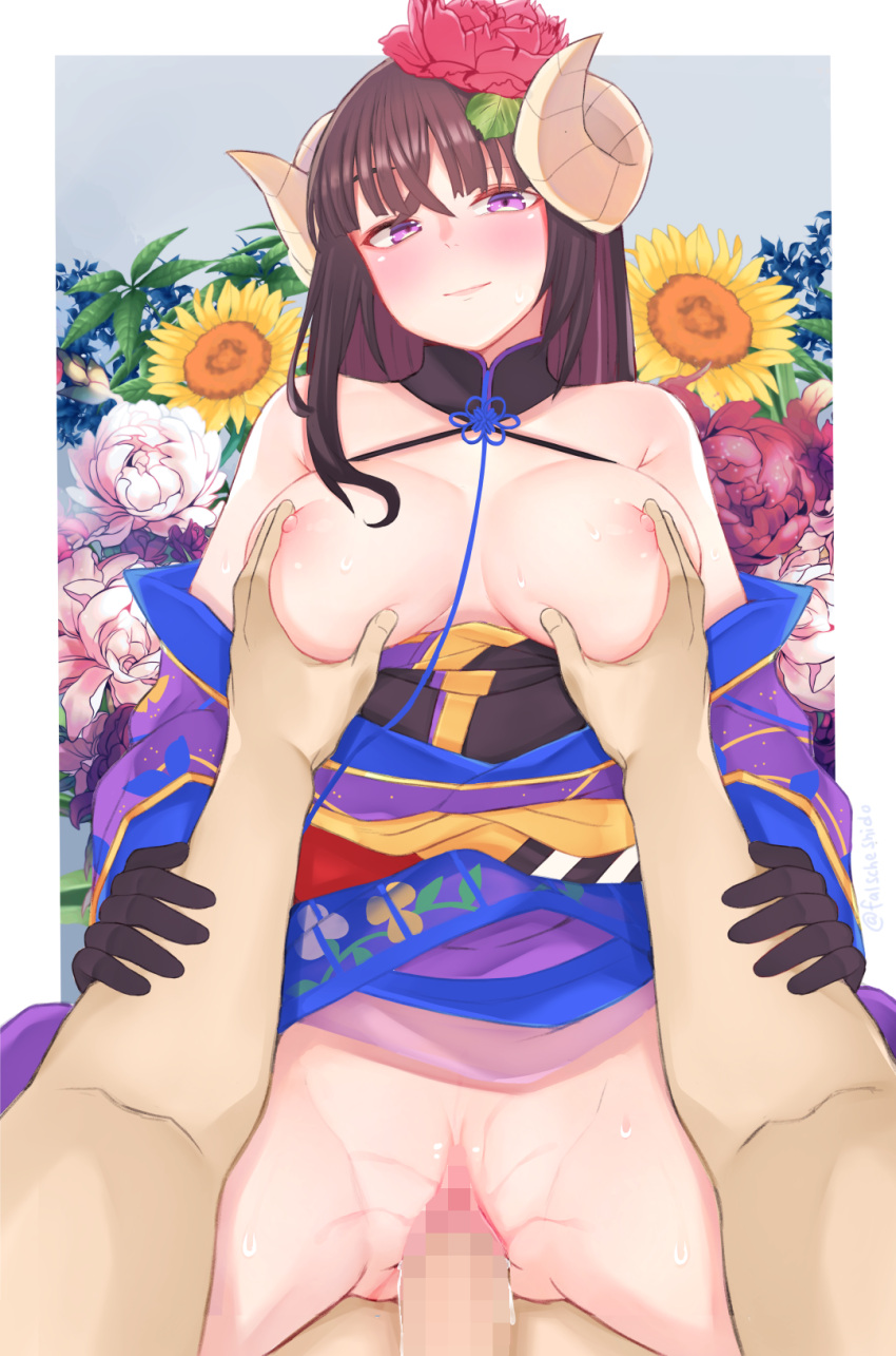 1boy 1girl armpit_crease azur_lane bangs bare_shoulders black_gloves blue_kimono blush breasts brown_hair cart censored cleavage clothed_sex colored_inner_hair cowgirl_position cum cum_in_pussy curled_horns falsche.shido floral_print flower girl_on_top gloves groping hair_flower hair_ornament halterneck happy happy_sex hetero highres horns japanese_clothes kimono large_breasts long_hair long_sleeves looking_at_viewer mosaic_censoring multicolored_hair nipples off_shoulder official_alternate_costume overflow penis pink_flower platform_footwear pov purple_eyes purple_flower pussy pussy_juice red_flower sex smile spread_legs straddling sunflower suruga_(azur_lane) two-tone_hair vaginal white_flower
