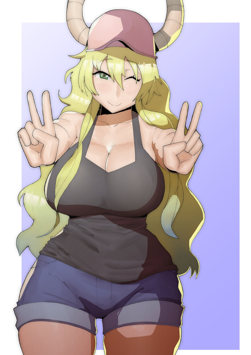 1girl absurdres bare_shoulders baseball_cap blonde_hair breasts cleavage collarbone curvy denim denim_shorts double_v doublehero dragon_girl dragon_horns green_eyes hat highres horns kobayashi-san_chi_no_maidragon large_breasts long_hair looking_at_viewer one_eye_closed quetzalcoatl_(maidragon) short_shorts shorts sleeveless smile tank_top thick_thighs thighs v wide_hips