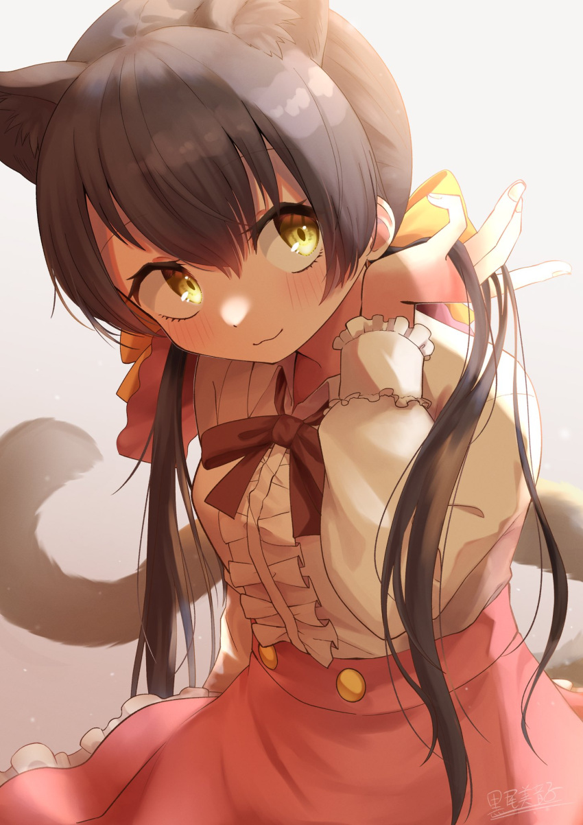 :3 animal_ears black_hair black_leopard_(kemono_friends) black_neckwear blush bow bowtie center_frills collared_shirt extra_ears eyebrows_visible_through_hair frilled_skirt frills hair_bow hand_in_hair highres kemono_friends kemono_friends_3 leopard_ears leopard_girl leopard_tail long_hair long_sleeves mitorizu_02 official_alternate_costume pink_skirt red_bow shirt skirt tail twintails white_shirt yellow_bow yellow_eyes