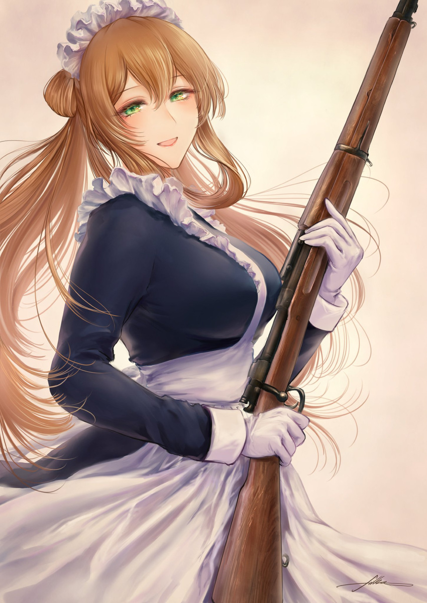 1girl alternate_costume apron black_dress bolt_action breasts brown_hair commentary_request dress enmaided filha girls'_frontline gloves green_eyes gun hair_between_eyes hair_rings highres large_breasts long_hair long_sleeves m1903_springfield maid maid_apron maid_headdress ponytail rifle sidelocks solo springfield_(girls'_frontline) weapon white_apron white_gloves