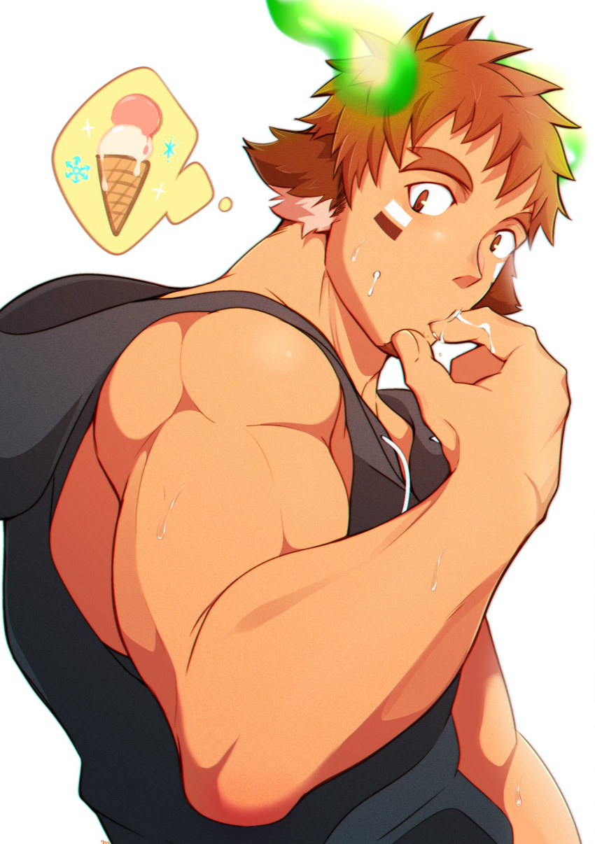 1boy animal_ears bara bare_shoulders black_hoodie brown_eyes brown_hair cow_boy cow_ears cow_horns dark_skin dark_skinned_male facial_hair fiery_horns finger_in_mouth food_in_mouth forked_eyebrows from_side glowing_horns goatee highres hood hoodie horns ice_cream_cone kuro_(shiranui) looking_at_viewer male_focus muscular muscular_male official_alternate_costume short_hair sidepec sleeveless sleeveless_hoodie solo spiked_hair thick_eyebrows thought_bubble tokyo_houkago_summoners upper_body wakan_tanka