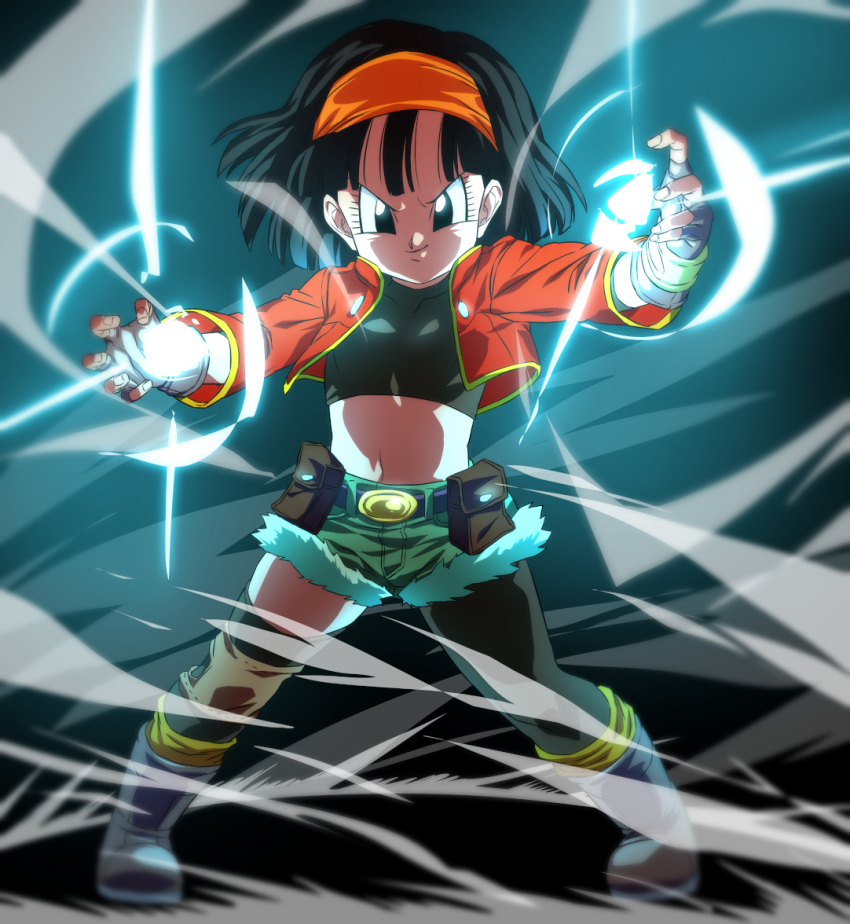 1girl ankle_boots asymmetrical_legwear attack aura belt black_eyes black_hair black_legwear blurry boots closed_mouth collarbone crop_top cupping_hands dark_background depth_of_field dragon_ball dragon_ball_heroes energy_ball eyelashes fanny_pack fighting_stance fingerless_gloves fingernails flat_chest floating_hair full_body glint gloves glowing green_shorts grey_footwear grey_gloves hairband hands_up jacket knee_pads legs_apart light_rays looking_at_viewer midriff navel open_clothes open_jacket orange_hairband pan_(dragon_ball) pan_(xeno)_(dragon_ball) red_jacket rom_(20) shaded_face short_hair shorts smile socks solo standing straight_hair tight v-shaped_eyebrows white_legwear