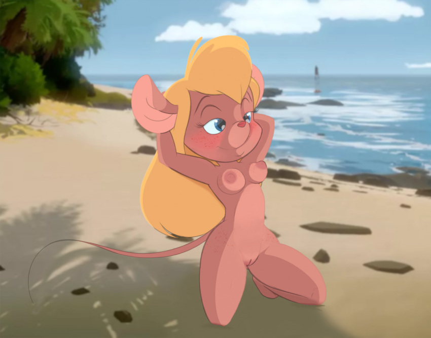 anthro beach blonde_hair blue_eyes blush breasts chip_'n_dale_rescue_rangers d-sketch3r detailed_background disney female freckles gadget_hackwrench genitals hair hands_behind_head mammal mouse murid murine nipples nude pose pussy raised_arms rodent seaside solo