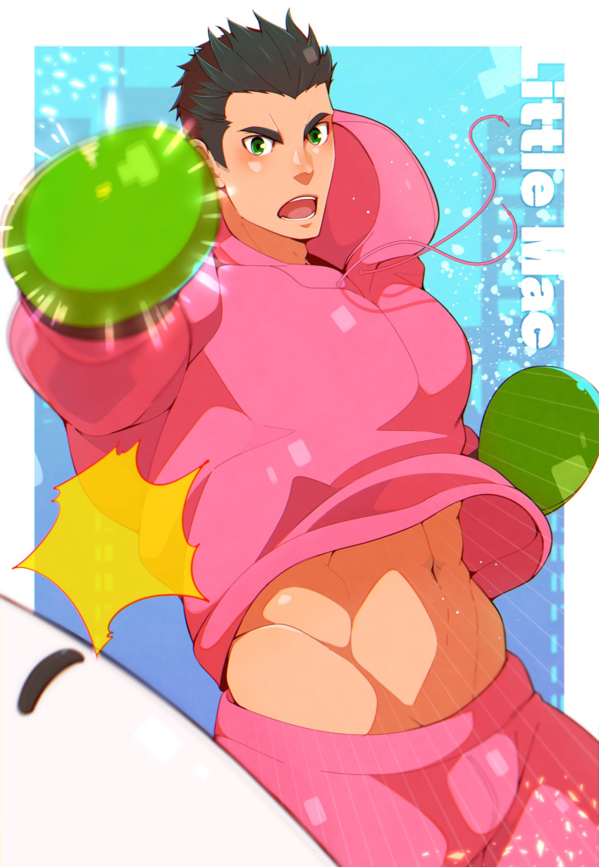 1boy abs bara black_hair boxing_gloves bulge character_name cowboy_shot green_eyes highres hood hoodie incoming_attack kuro_(shiranui) large_pectorals little_mac looking_at_viewer male_focus midriff_peek muscular muscular_male navel pink_hoodie pink_shorts punch-out!! punching shirt_lift short_hair shorts sideburns solo spiked_hair stomach super_smash_bros. wind wind_lift wrestling_outfit
