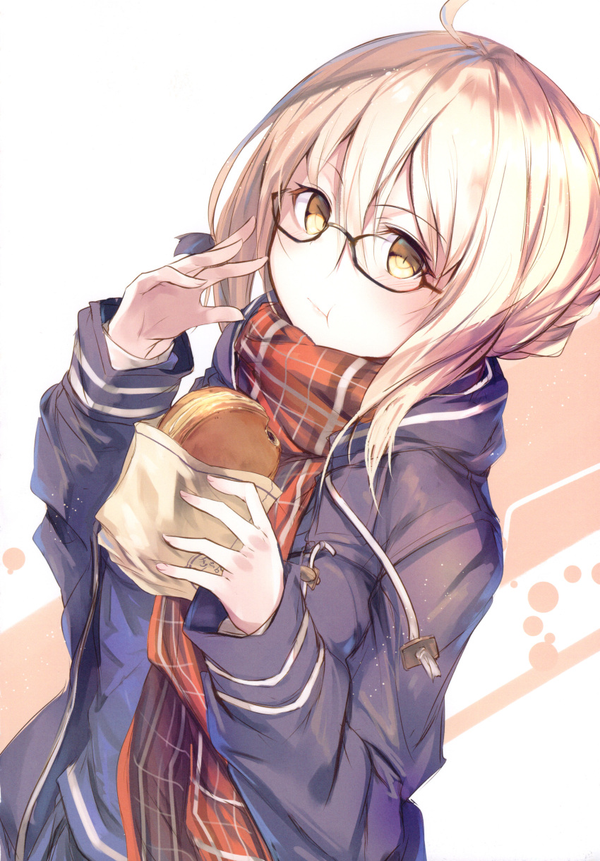 1girl absurdres ahoge artoria_pendragon_(all) bangs black-framed_eyewear blonde_hair blush braid breasts eating eyebrows_visible_through_hair fal_maro fate/grand_order fate_(series) food glasses hair_between_eyes hamburger highres holding holding_food jacket looking_at_viewer mysterious_heroine_x_(alter)_(fate) outdoors plaid plaid_scarf red_scarf scarf semi-rimless_eyewear sitting skirt solo under-rim_eyewear yellow_eyes