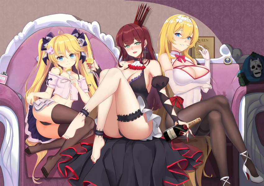 3girls absurdly_long_hair absurdres adapted_costume ahoge alcohol alternate_costume andrea_doria_(warship_girls_r) ankle_strap ascot ass black_dress blonde_hair blue_eyes bottle bow breast_hold breasts brown_legwear caviar champagne champagne_bottle champagne_flute character_hair_ornament china_dress chinese_clothes choker cleavage cleavage_cutout clothing_cutout couch crop_top crossed_arms crown cup detached_sleeves dress drinking_glass duke_of_york_(warship_girls_r) elbow_gloves fingernails fork formidable_(warship_girls_r) frilled_dress frilled_garter frills full_body gloves green_eyes hair_bow hair_ornament high_heels highres holding holding_bottle holding_fork jojo_no_kimyou_na_bouken killer_queen knees_up large_breasts legs long_hair looking_at_viewer multiple_girls navel no_shoes off-shoulder_shirt off_shoulder panties pantyhose pantyshot perfume_bottle poster_(object) product_placement queen_(band) red_eyes red_nails sharp_fingernails shirt sidelocks sitting skindentation skirt skirt_lift spaghetti_strap strappy_heels taskforce141-doria thighhighs thighs twintails underwear very_long_hair wallpaper_(object) warship_girls_r white_footwear