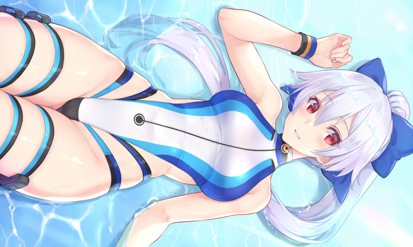 adam700403 blush fate/grand_order fate_(series) gray_hair long_hair ponytail red_eyes swimsuit third-party_edit water