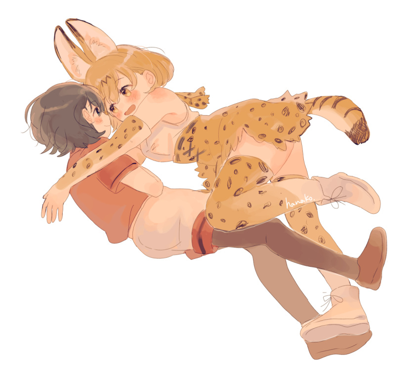 2girls animal_ear_fluff animal_ears bare_shoulders black_hair black_legwear blonde_hair blush bow bowtie brown_footwear cross-laced_clothes cross-laced_skirt elbow_gloves extra_ears eye_contact gloves hanako151 high-waist_skirt kaban_(kemono_friends) kemono_friends looking_at_another multiple_girls open_mouth pantyhose red_shirt serval_(kemono_friends) serval_ears serval_print serval_tail shirt shoes short_hair short_sleeves shorts skirt sleeveless sleeveless_shirt smile tail thighhighs white_footwear white_shirt white_shorts yellow_eyes yellow_legwear yellow_skirt zettai_ryouiki