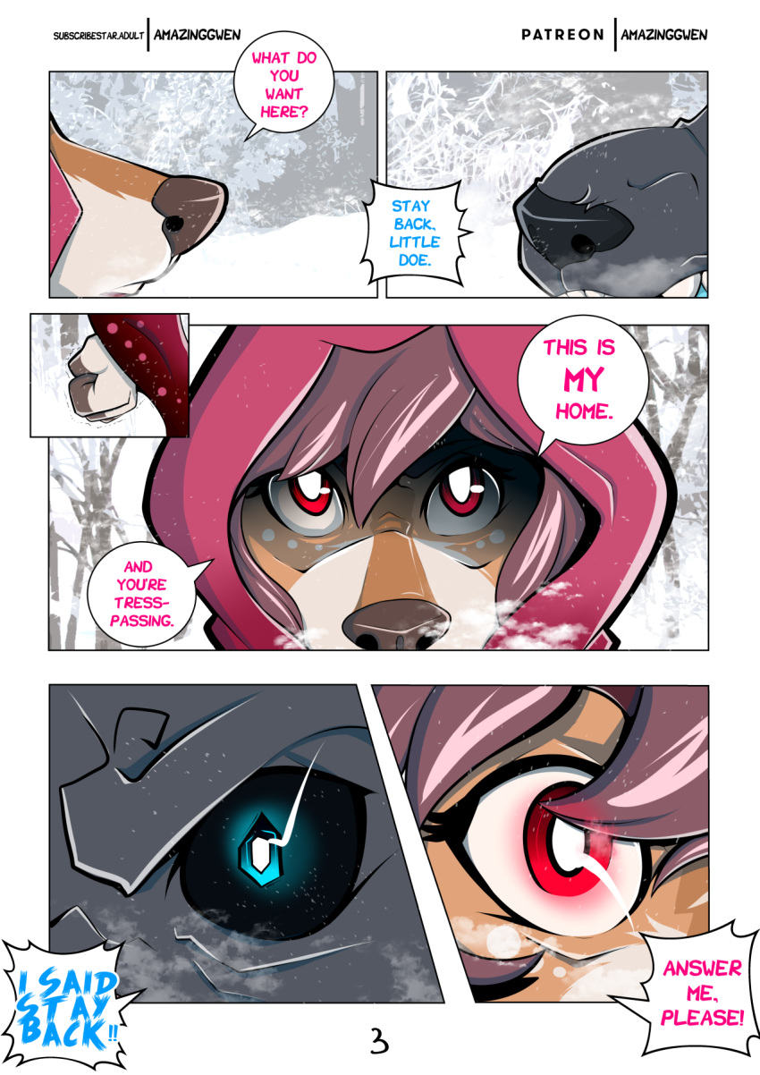 amazinggwen anthro ash_(amazinggwen) brown_body brown_hair clenched_fists cold comic dialogue duo english female fur grey_body hair hi_res hybrid male monster size_difference snow snow_(amazinggwen) white_body white_fur