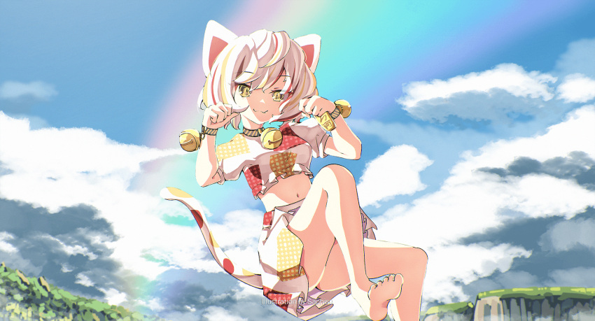 1girl :3 animal_ears ass bangs barefoot bell black_collar bracelet breasts cat_ears cat_tail cliff closed_mouth cloud cloudy_sky collar crop_top day eyebrows_visible_through_hair fang floating foot_out_of_frame goutokuji_mike hair_between_eyes hands_up highres jewelry jingle_bell looking_at_viewer midriff multicolored_hair navel open_mouth outdoors paw_pose plateau rainbow sachisudesu shirt short_hair silver_hair skirt skirt_set sky slit_pupils small_breasts smile solo streaked_hair tail touhou white_shirt white_skirt yellow_eyes
