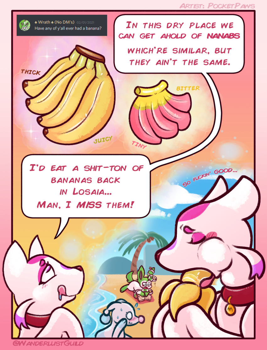 ask_blog banana beach brionne collar dialogue digital_media_(artwork) eeveelution english_text fan_character female food food_fetish fruit fur group hi_res licking licking_lips male mammal mienshao misu_nox nintendo palm_tree plant pocketpaws pok&eacute;mon pok&eacute;mon_(species) pok&eacute;mon_mystery_dungeon seaside shiny_pok&eacute;mon sylveon text tongue tongue_out tree video_games wanderlust white_body white_fur