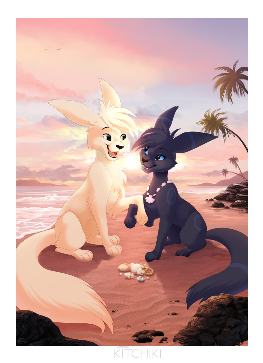 2021 ambiguous_gender beach blue_eyes day detailed_background digital_media_(artwork) domestic_cat duo eyebrows eyelashes felid feline felis feral hi_res kitchiki mammal open_mouth outside sand seaside shoreline sitting sky smile teeth tongue video_games water