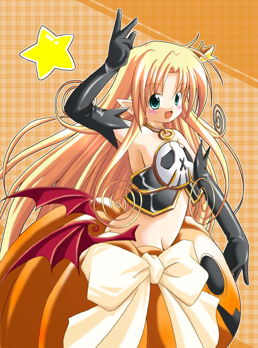 :d aqua_eyes arm_up bangs black_gloves blonde_hair blush bow collar crown demon_girl elbow_gloves fang gloves halloween highres jack-o'-lantern kopa_hiroshi long_hair looking_at_viewer low_wings melissa_seraphy naked_pumpkin open_mouth orange_background parted_bangs plaid plaid_background pointy_ears sidelocks smile solo star succubus v very_long_hair waga_mama_capriccio wings