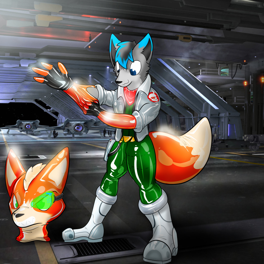 absurd_res anthro canid canine clothing costume costume_transformation fox fox_mccloud goo_(disambiguation) hi_res how2101 male mammal nintendo rubber rubber_suit solo star_fox suit suit_transformation transformation video_games