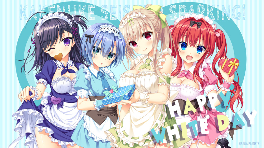 arisue_tsukasa cleavage hiiragi_shiori hontani_kanae kaidou_nagiko kakenuke_seishun_sparking! kashima_riri kohinata_hibiki saga_planets skirt_lift stockings thighhighs toranosuke valentine waitress wallpaper