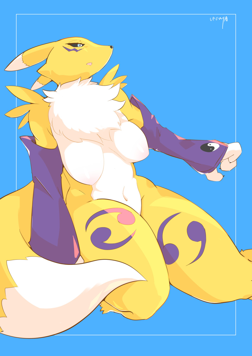 absurd_res anthro armwear big_breasts black_sclera blue_background blue_eyes breasts chest_tuft clothing detached_sleeves digimon digimon_(species) female fingers fur hi_res kneeling markings mostly_nude multicolored_body multicolored_fur navel open_mouth renamon signature simple_background solo thick_thighs tuft ukenya white_body white_fur yellow_body yellow_fur