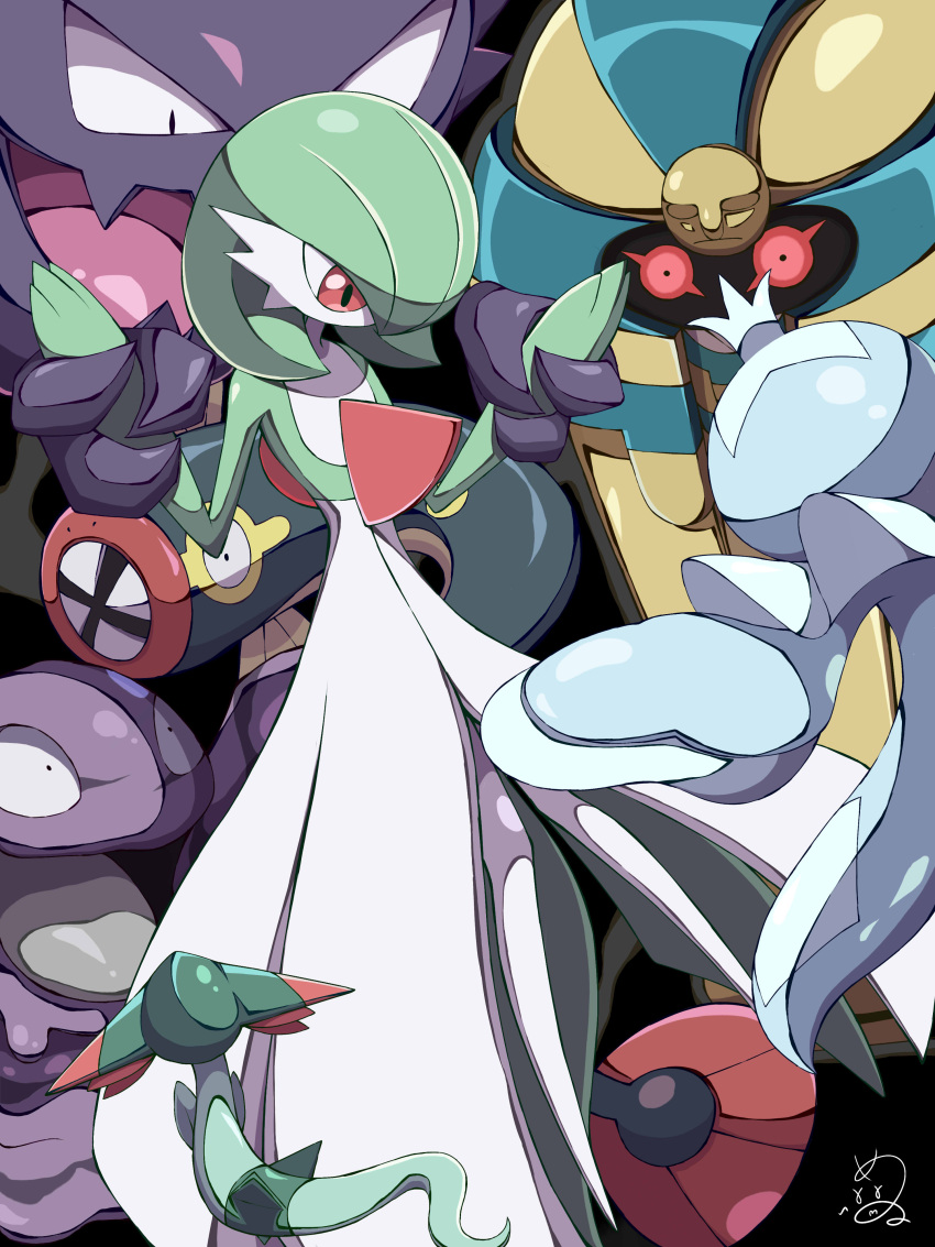 absurdres cofagrigus colored_skin commentary_request dreepy eelektrik frillish frillish_(male) gardevoir gen_1_pokemon gen_3_pokemon gen_5_pokemon gen_8_pokemon grimer haunter highres looking_down pokemon pokemon_(creature) red_eyes restrained shabana_may shiny signature white_skin