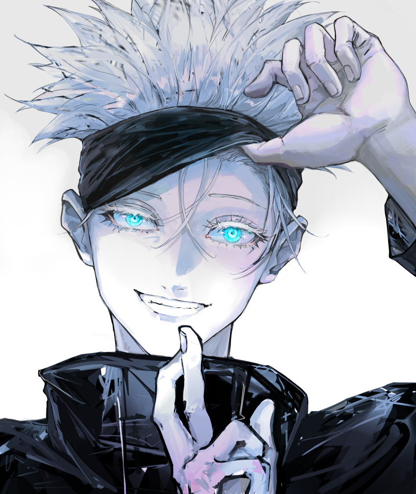 1boy absurdres black_jacket blindfold blindfold_lift blue_eyes crossed_fingers face gojou_satoru grin hair_between_eyes high_collar highres jacket jujutsu_kaisen kf8fw long_sleeves looking_at_viewer male_focus muted_color pale_skin portrait smile solo spiked_hair white_background white_eyelashes white_hair