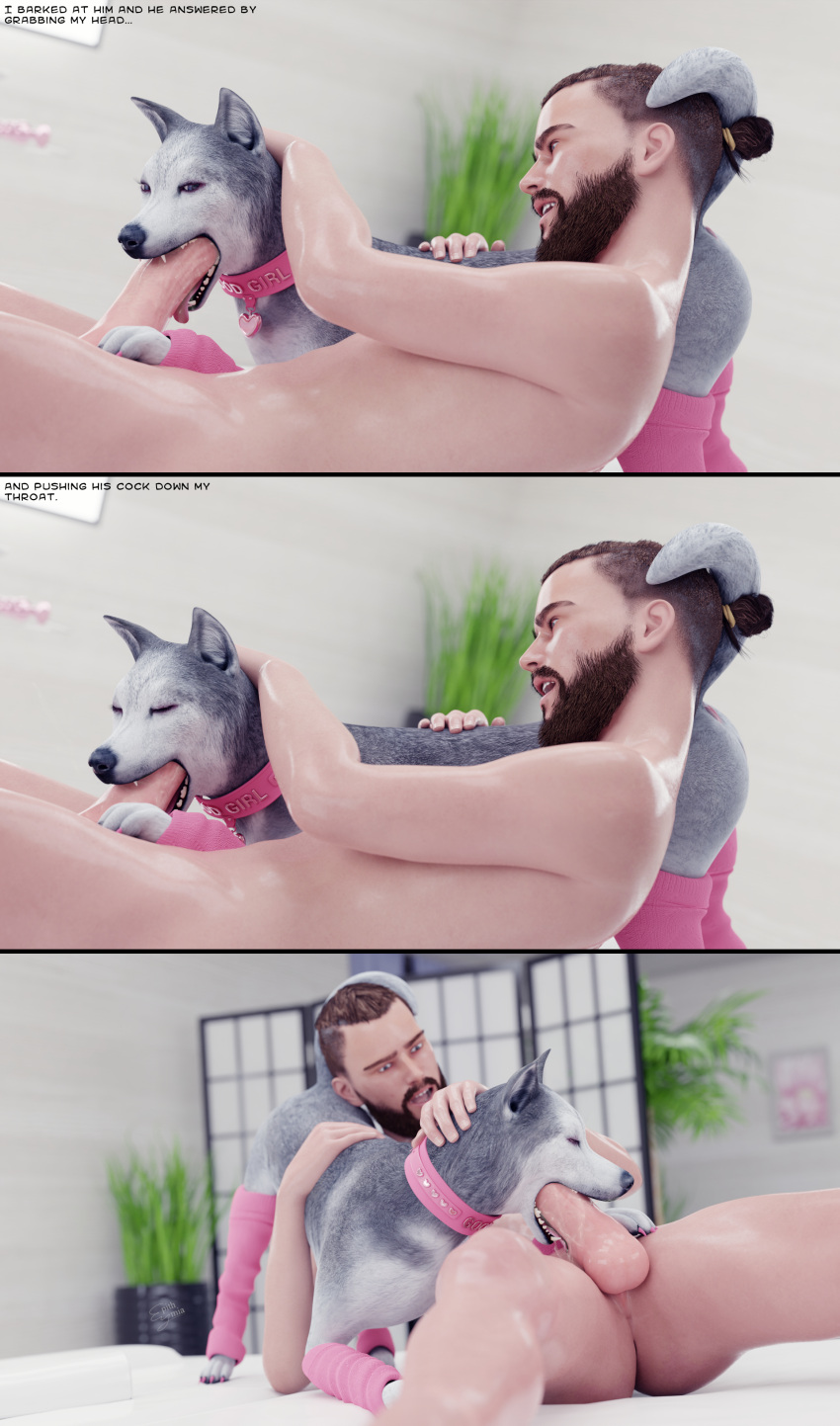3d_(artwork) absurd_res all_fours anus beard bestiality big_penis bodily_fluids braided_hair buttplug canid canine canis chair clothing collar comic cum cum_in_pussy cum_inside cum_on_pussy digital_media_(artwork) doggystyle domestic_dog duo english_text epithymia eyeliner facial_hair feet fellatio female feral footwear from_behind_position fur furniture genital_fluids genitals grabbing_head hair herding_dog hi_res human human_on_feral husky interspecies long_tongue looking_back lounge_chair makeup male male/female male_on_feral mammal massage_table nordic_sled_dog oral pastoral_dog penile penis pink_tongue plant precum pussy sex sex_toy simple_background smile socks spitz story story_in_picture teeth teeth_showing text tongue tongue_out tonguejob toothy_fellatio white_background