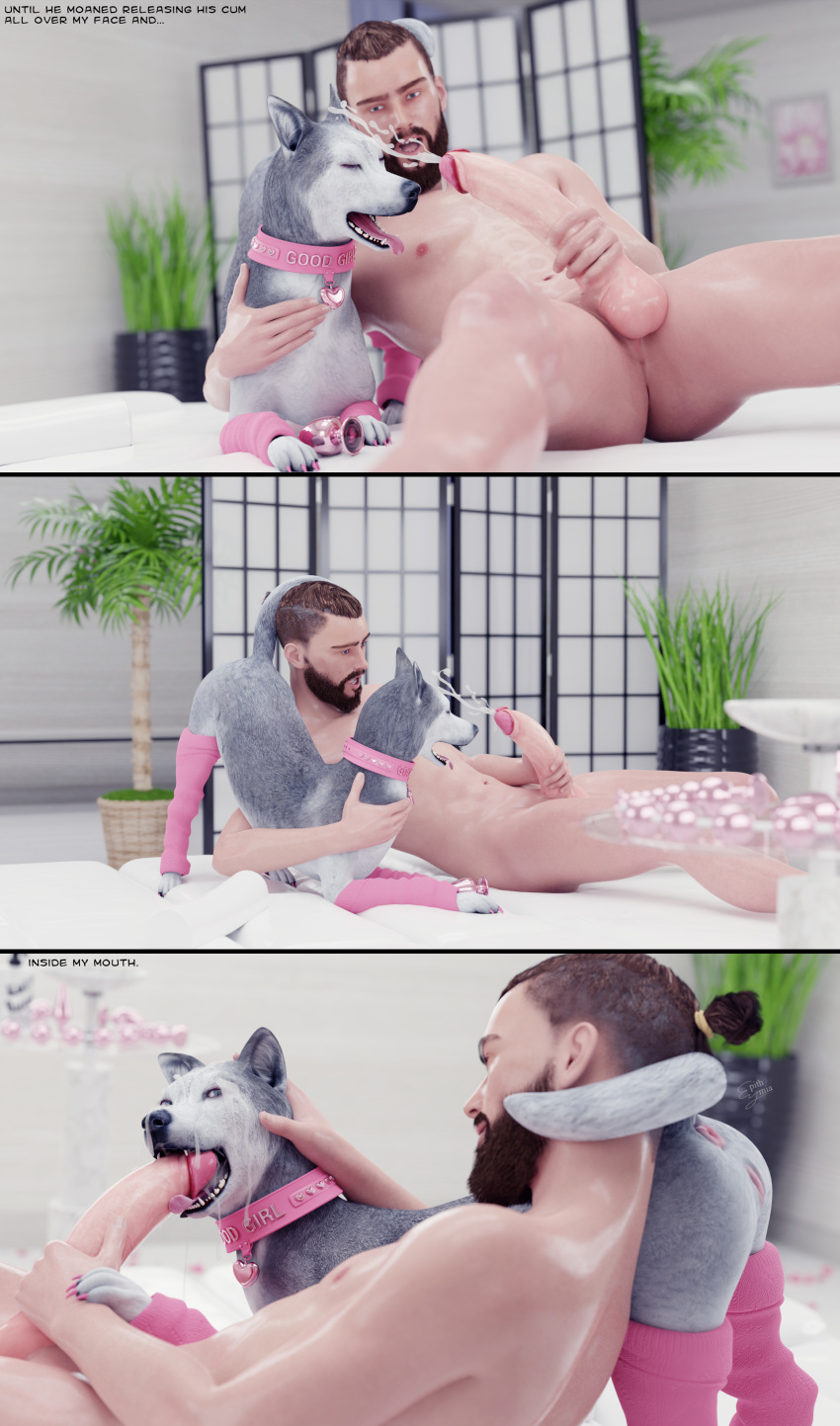 3d_(artwork) absurd_res all_fours anus beard bestiality big_penis bodily_fluids braided_hair buttplug canid canine canis chair clothing collar comic cum cum_in_pussy cum_inside cum_on_face cum_on_penis cum_on_pussy cum_on_tongue cumshot digital_media_(artwork) doggystyle domestic_dog duo ejaculation english_text epithymia eyeliner facial_hair feet fellatio female feral footwear from_behind_position fur furniture genital_fluids genitals grabbing_head hair herding_dog hi_res human human_on_feral husky interspecies licking long_tongue looking_back lounge_chair makeup male male/female male_on_feral mammal massage_table nordic_sled_dog oral pastoral_dog penile penis pink_tongue plant pussy sex sex_toy simple_background smile socks spitz story story_in_picture teeth teeth_showing text tongue tongue_out tonguejob toothy_fellatio white_background