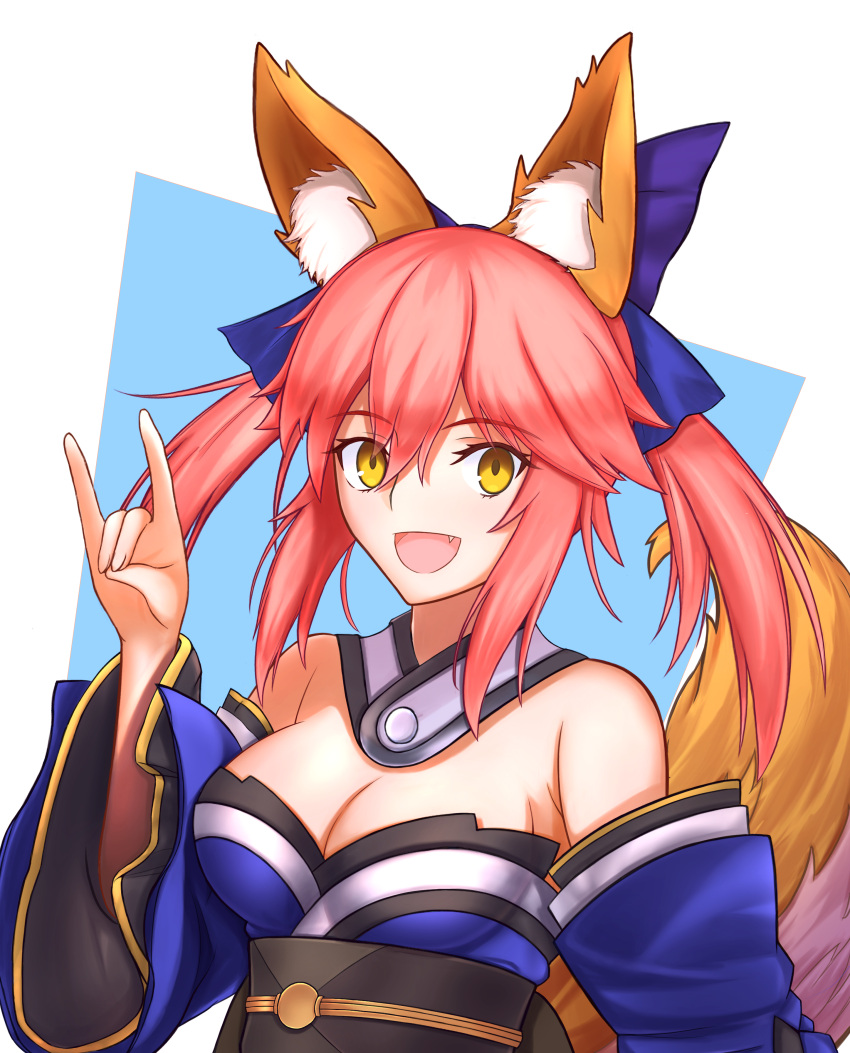 1girl absurdres animal_ear_fluff animal_ears artist_request bare_shoulders blue_kimono blue_ribbon breasts cleavage detached_sleeves eyebrows_visible_through_hair fang fate/extella fate/extra fate/extra_ccc fate/grand_order fate_(series) fox_ears fox_girl fox_shadow_puppet fox_tail hair_ribbon highres japanese_clothes kimono large_breasts looking_at_viewer open_mouth pink_hair ribbon solo tail tamamo_(fate)_(all) tamamo_no_mae_(fate) yellow_eyes