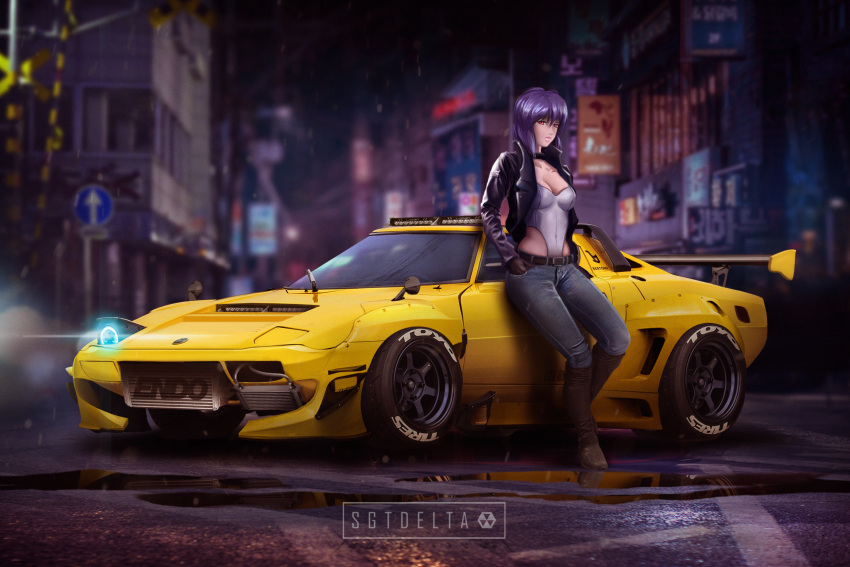 1girl against_vehicle belt black_choker black_gloves black_jacket blurry blurry_background boots breasts brown_footwear choker cleavage covered_navel cyberpunk denim depth_of_field full_body ghost_in_the_shell gloves grey_leotard hands_in_pockets highres jacket jeans knee_boots kusanagi_motoko lancia_(brand) lancia_stratos leather leather_jacket lens_flare leotard leotard_under_clothes medium_breasts medium_hair open_clothes open_jacket pants popped_collar puddle purple_hair red_eyes sgtdelta solo