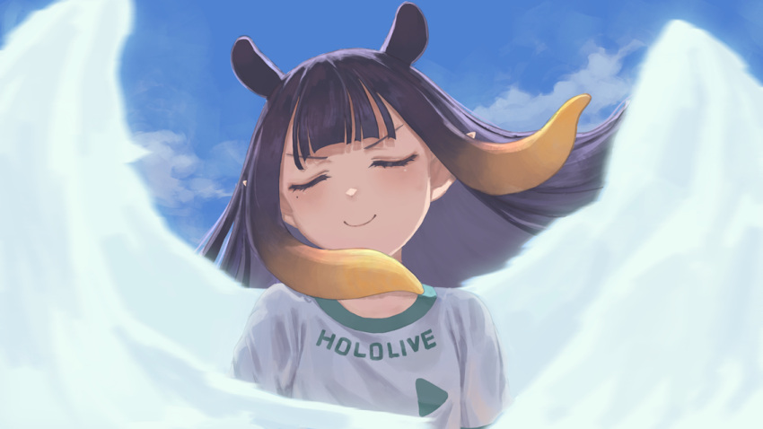 1girl alternate_costume bangs blue_sky blunt_bangs closed_eyes clothes_writing commentary_request hololive hololive_english inazuma_eleven inazuma_eleven_(series) laing long_hair mole mole_under_eye ninomae_ina'nis pointy_ears purple_hair sky smile soccer_uniform solo sportswear tentacle_hair upper_body virtual_youtuber white_wings wings