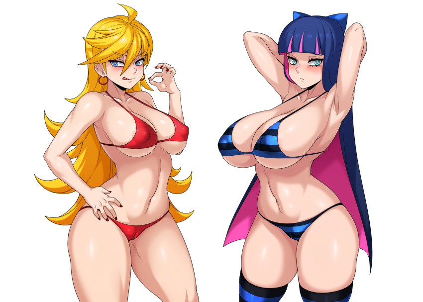 2girls aqua_eyes bikini blonde_hair blue_eyes blue_hair cameltoe erect_nipples jmg long_hair navel panty_&amp;_stocking_with_garterbelt panty_(character) stocking_(character) swimsuit thighhighs third-party_edit white