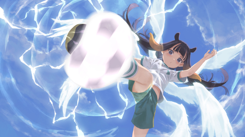 1girl ball bangs blue_sky blunt_bangs commentary_request electricity glowing hololive hololive_english inazuma_eleven inazuma_eleven_(series) kicking laing long_hair mole mole_under_eye multiple_wings ninomae_ina'nis purple_eyes purple_hair seraph shorts sky soccer_ball soccer_uniform solo sportswear telstar tentacle_hair virtual_youtuber white_wings wings