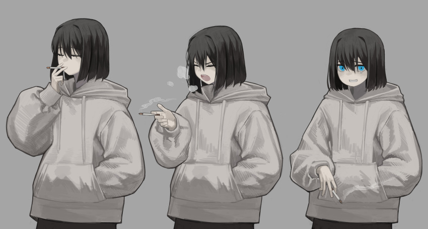 1girl absurdres baggy_clothes bangs blue_eyes blush cigarette closed_eyes closed_mouth commentary_request coughing cowboy_shot eyebrows_visible_through_hair grey_background grey_hoodie grin hair_between_eyes hand_in_pocket hand_up highres holding holding_cigarette hood hood_down hoodie long_sleeves looking_at_viewer multiple_views open_mouth original pale_skin puffy_long_sleeves puffy_sleeves short_hair simple_background smile upper_teeth yoon_cook