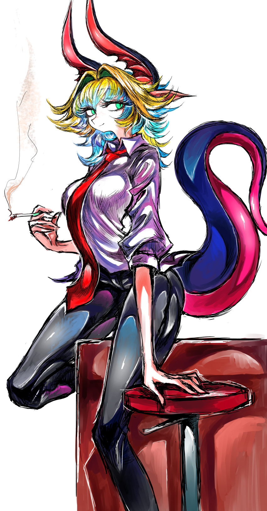 1girl absurdres aqua_eyes aqua_hair bangs black_pants blonde_hair breasts cigarette eyebrows_visible_through_hair feet_out_of_frame gradient_hair highres horns huge_filesize large_breasts monster_girl multicolored_hair nasuta5mamma necktie original pants red_neckwear shadow shirt simple_background smile smoke solo tail white_background white_shirt