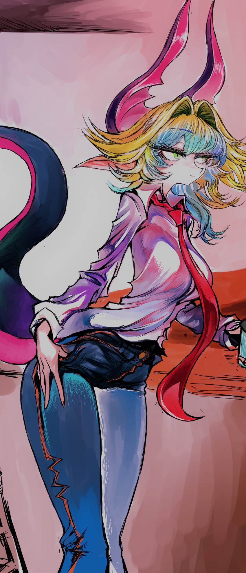 1girl absurdres aqua_hair bangs blonde_hair blue_pants breasts collared_shirt feet_out_of_frame gradient_hair green_eyes highres horns large_breasts long_hair long_sleeves monster_girl multicolored_hair nasuta5mamma necktie original pants pointy_ears red_neckwear shirt solo tail white_shirt