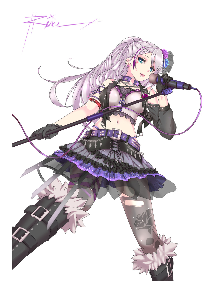 1girl bang_dream! bangs black_footwear black_skirt blue_hair boots breasts character_name cosplay detached_sleeves fur_trim hair_behind_ear highres holding holding_microphone hololive hololive_indonesia knee_boots leaning_back looking_down medium_breasts microphone midriff minato_yukina minato_yukina_(cosplay) navel pantyhose pavolia_reine pikajuniel ponytail purple_belt roselia_(bang_dream!) silver_hair single_detached_sleeve skirt solo torn_clothes torn_legwear virtual_youtuber white_background