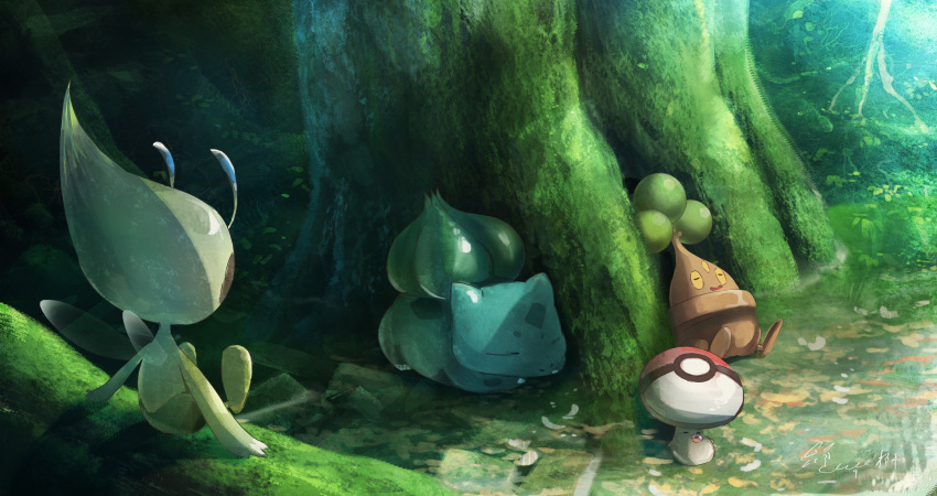 absurdres against_tree bonsly bulbasaur celebi colored_sclera foongus gen_1_pokemon gen_2_pokemon gen_4_pokemon gen_5_pokemon hachiya_shohei highres moss mythical_pokemon no_humans odd_one_out outdoors pokemon scenery signature sitting sleeping tree yellow_sclera