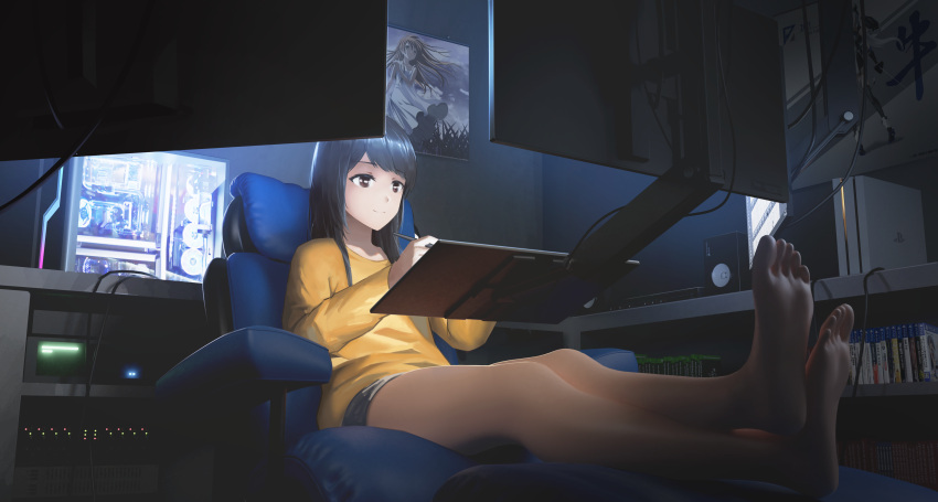 1girl absurdres barefoot black_hair blurry blurry_foreground brown_eyes chair computer dark drawing drawing_tablet foreshortening game_console gan-viking highres indoors long_hair monitor original playstation_4 poster_(object) power_lines scenery screen_light short_shorts shorts sitting smile soles solo speaker video_game