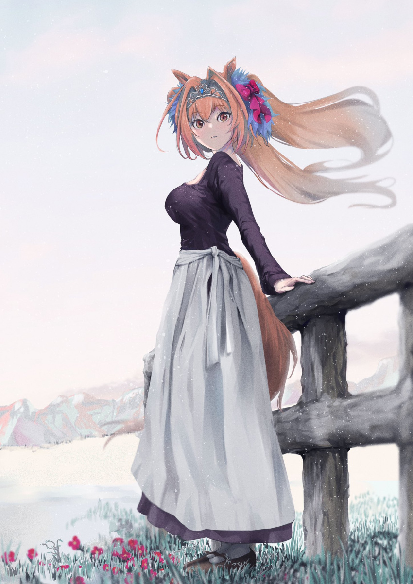 1girl against_fence alternate_costume animal_ears apron black_dress bow breasts brown_eyes daiwa_scarlet day dress fence floating_hair flower from_side grass hair_bow hair_intakes highres horse_ears horse_girl horse_tail large_breasts long_hair long_sleeves looking_at_viewer looking_to_the_side mountainous_horizon orange_hair outdoors parted_lips peropicnic pink_bow red_flower solo tail tiara twintails umamusume very_long_hair waist_apron white_apron wooden_fence