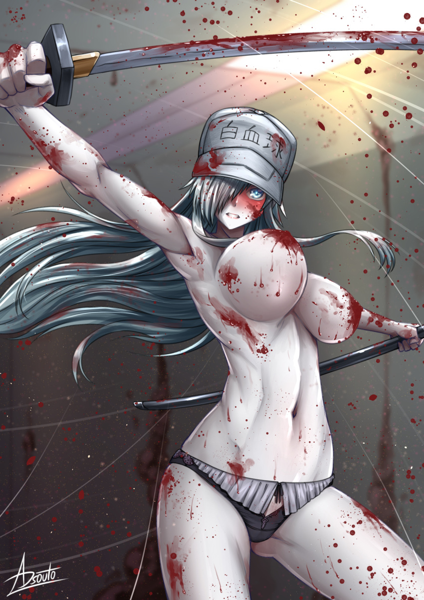 1girl adsouto armpits baseball_cap black_panties blood blood_on_breasts blood_on_face bloody_weapon blue_eyes blush breasts clenched_teeth fighting floating_hair hair_over_one_eye hat hataraku_saibou hataraku_saibou_black highres holding holding_sheath holding_sword holding_weapon katana large_breasts long_hair looking_at_viewer navel panties sheath signature silver_hair solo sword teeth topless u-1196 underwear underwear_only very_long_hair weapon white_headwear