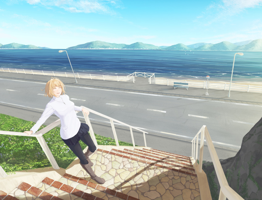 1girl ^_^ against_railing antenna_hair arcueid_brunestud arm_support bangs beach black_legwear blonde_hair blue_skirt boots breasts brown_footwear bus_stop closed_eyes day eyebrows_visible_through_hair facing_viewer highres jewelry knee_boots lamppost miniskirt mountainous_horizon necklace ocean open_mouth outdoors pantyhose pleated_skirt railing road scenery short_hair sikiwa skirt smile solo stairs standing stone_stairs sunlight sweater tsukihime tsukihime_(remake) turtleneck turtleneck_sweater white_sweater