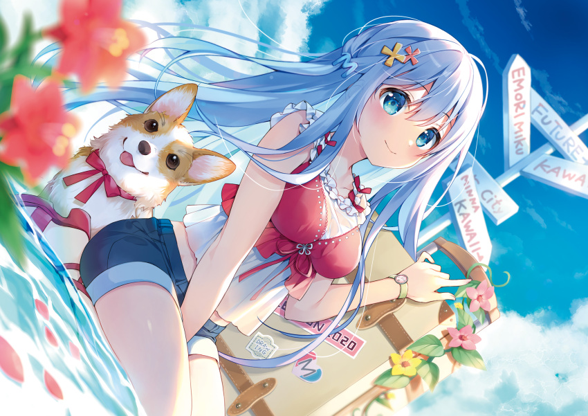 animal blue_hair clouds dog emori_miku emori_miku_project flowers long_hair shorts sky suimya water