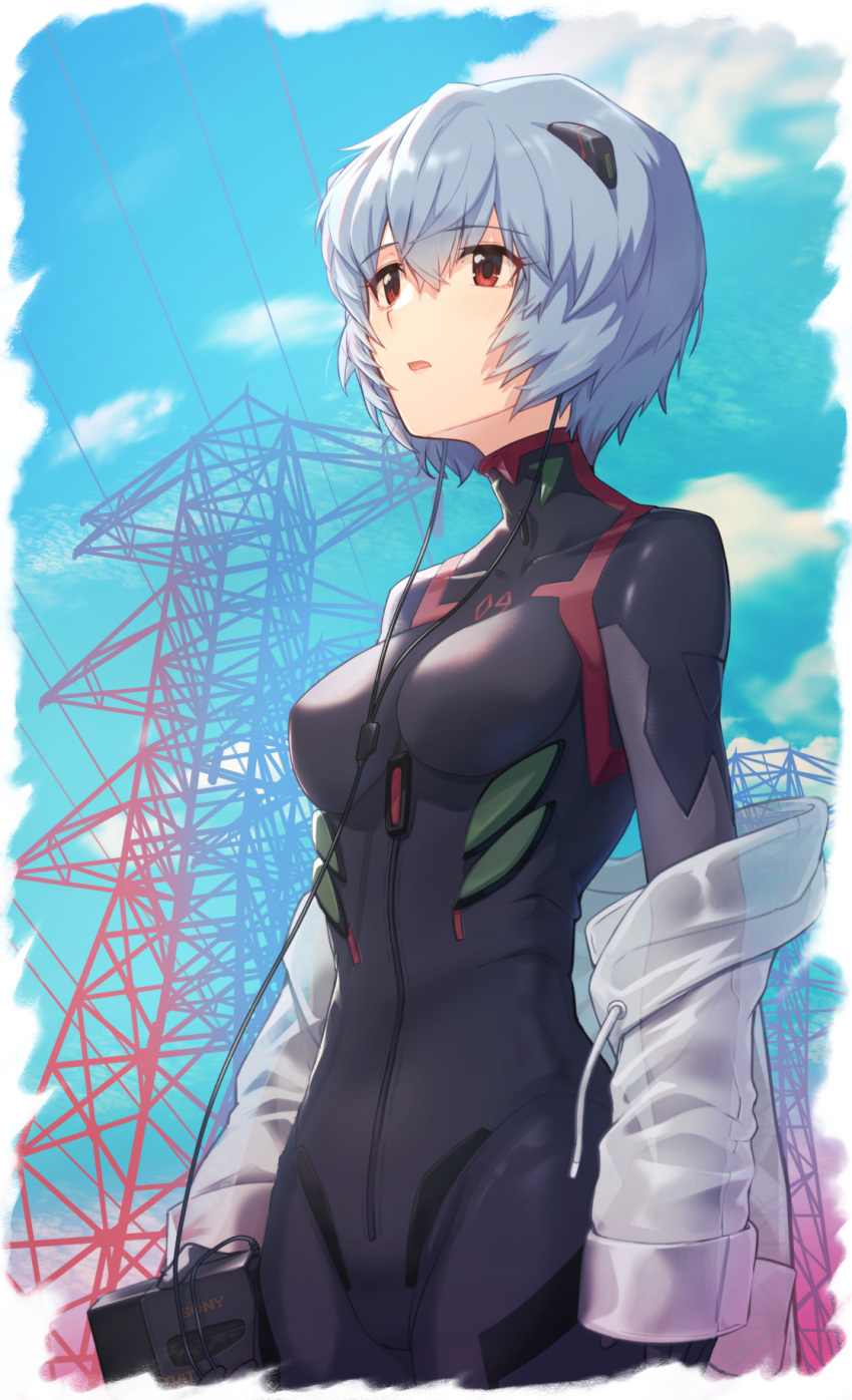 ayanami_rei black_bodysuit blue_hair blue_sky bodysuit breasts cloud collarbone cowboy_shot day drawstring earphones hair_ornament highres holding long_sleeves looking_afar looking_away makamati medium_breasts neon_genesis_evangelion number open_clothes open_mouth outdoors plugsuit power_lines red_eyes see-through short_hair skin_tight sky sony transmission_tower