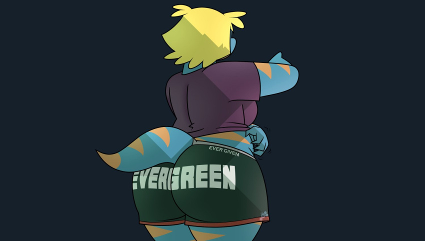 2021 blonde_hair blue_body blue_scales bottomwear bree_(junk_planet) butt butt_focus clothing faceless_anthro faceless_female female hair meme potoobrigham rear_view scales scalie scratching shorts text text_on_bottomwear text_on_clothing text_on_shorts tight_clothing