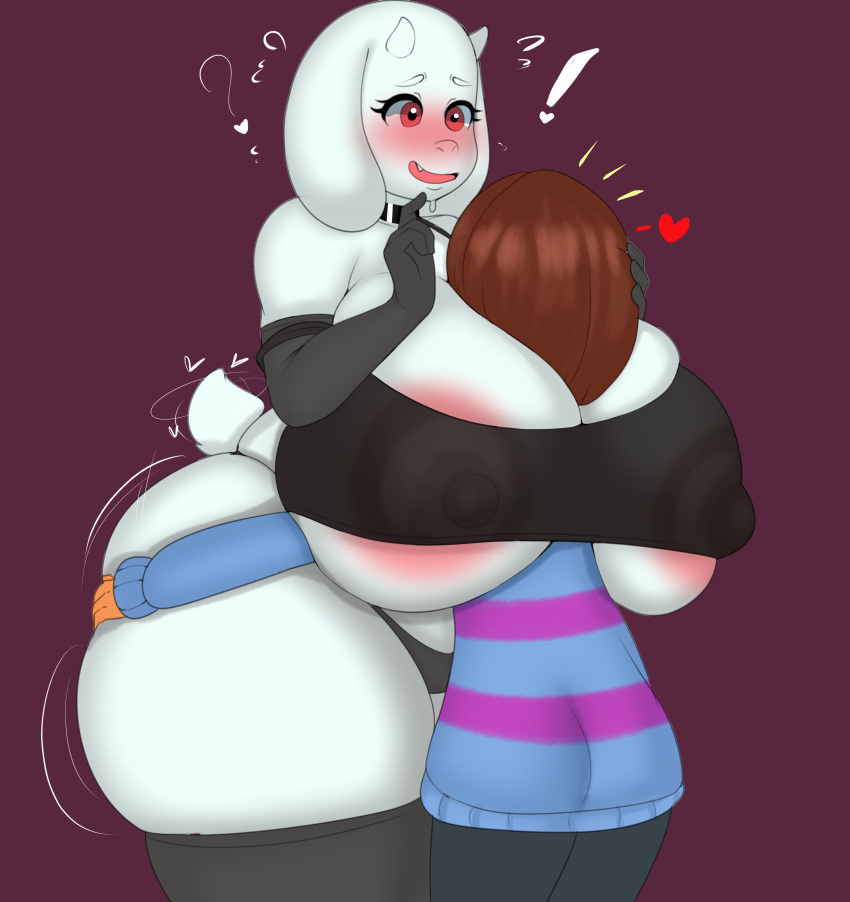 &lt;3 absurd_res age_difference anthro big_breasts blush boss_monster bovid breasts brown_hair caprine female fladdykin hair hand_on_butt head_in_cleavage hi_res huge_breasts human larger_female mammal mature_female older_female protagonist_(undertale) size_difference thick_thighs toriel undertale video_games white_body