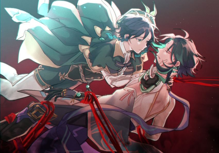 2boys ahoge androgynous arm_guards armor asymmetrical_clothes bangs beret black_gloves black_hair blue_eyes blue_hair bound bound_legs bound_wrists bow braid cape closed_mouth collared_cape collared_shirt corset detached_sleeves diamond_(shape) facial_mark forehead_mark frilled_sleeves frills genshin_impact gloves gradient_hair green_hair green_headwear green_shorts hands_on_another's_face hat leaf long_sleeves male_focus multicolored_hair multiple_boys open_mouth pantyhose parted_bangs shirt short_hair_with_long_locks shorts shoulder_armor shoulder_pads shoulder_spikes simple_background single_bare_shoulder single_detached_sleeve sisnsv spikes twin_braids two-tone_hair venti_(genshin_impact) vision_(genshin_impact) white_legwear white_shirt xiao_(genshin_impact)