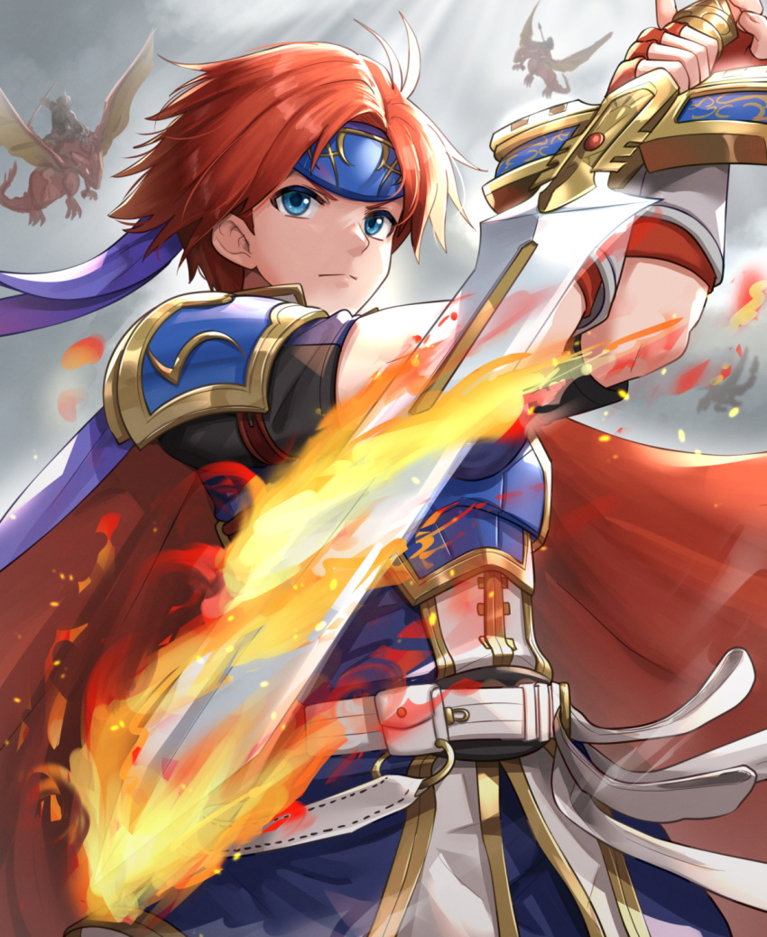 armor belt binding_blade_(weapon) blue_armor blue_eyes cape dragon fingerless_gloves fire_emblem fire_emblem:_the_binding_blade flaming_sword flaming_weapon frown furrowed_eyebrows gloves gonzarez headband highres knight polearm red_cape red_hair reverse_grip roy_(fire_emblem) solo_focus spear weapon wyvern