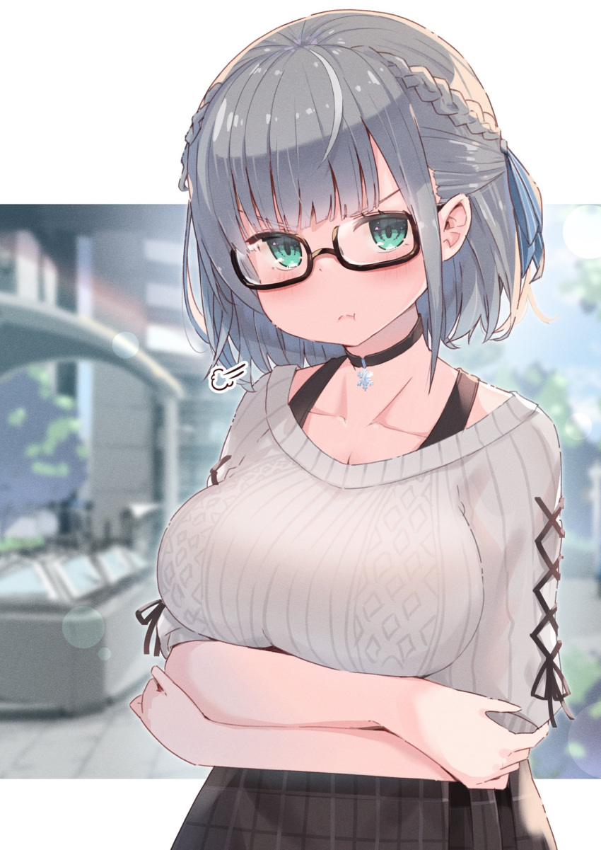 1girl :t ahoge aqua_eyes bespectacled black-framed_eyewear black_choker black_skirt blue_ribbon blurry blurry_background blush bokeh braid breast_hold breasts choker cleavage closed_mouth collarbone commentary cowboy_shot crossed_arms day depth_of_field eyebrows_visible_through_hair french_braid glaring glasses grey_sweater hair_ribbon highres hololive large_breasts looking_at_viewer outdoors plaid plaid_skirt popup pout ribbed_sweater ribbon semi-rimless_eyewear shirogane_noel short_hair silver_hair skirt snowflake_choker solo striped striped_ribbon sweater tsurime virtual_youtuber