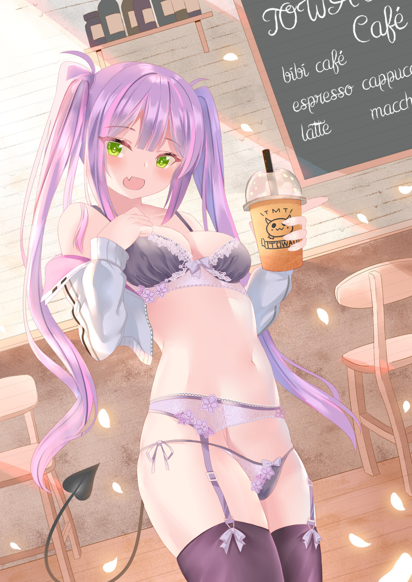 1girl :d bad_perspective bangs blunt_bangs blush bottle bow bow_bra bra breasts chair chalkboard character_name coffee collarbone cropped_jacket cup demon_tail disposable_cup drinking_straw eyebrows_visible_through_hair fang fang_out floral_print garter_belt garter_straps green_eyes groin haruki_3679 highres hololive indoors jacket jar lavender_bow lingerie long_hair long_sleeves looking_at_viewer navel open_mouth panties panties_over_garter_belt petals purple_bra purple_hair purple_legwear purple_panties see-through shelf side-tie_panties sidelocks small_breasts smile solo tail thighhighs tokoyami_towa twintails underwear underwear_only virtual_youtuber white_jacket wine_bottle wooden_floor