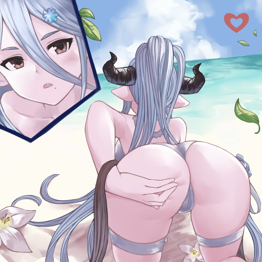 1girl all_fours ass back bangs bare_shoulders beach blue_sky blush breasts brown_eyes draph flower granblue_fantasy hair_between_eyes hair_ornament hand_on_own_ass highres iiros izmir large_breasts leaf long_hair looking_at_viewer mole mole_under_mouth one-piece_swimsuit open_mouth pointy_ears ponytail silver_hair sky snowflake_hair_ornament swimsuit thigh_strap thighs very_long_hair white_swimsuit