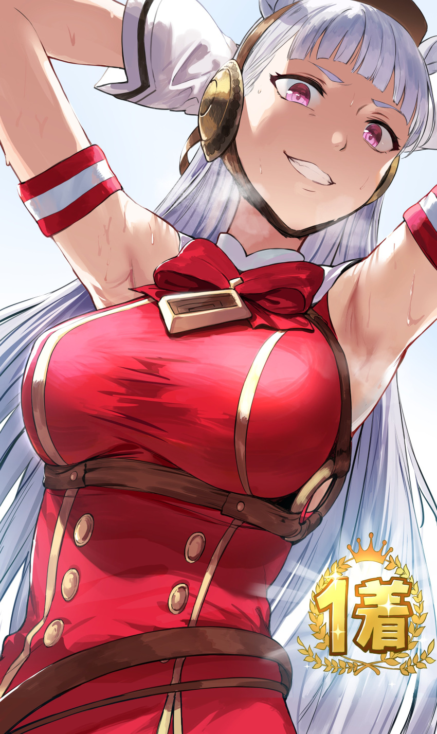 1girl absurdres animal_ears arm_strap armpits arms_behind_head arms_up backlighting bangs belt blunt_bangs breasts buttons dress gloves gold_ship grin hat hews highres horse_ears horse_girl large_breasts long_hair looking_at_viewer purple_eyes red_dress smile sweat umamusume white_gloves white_hair