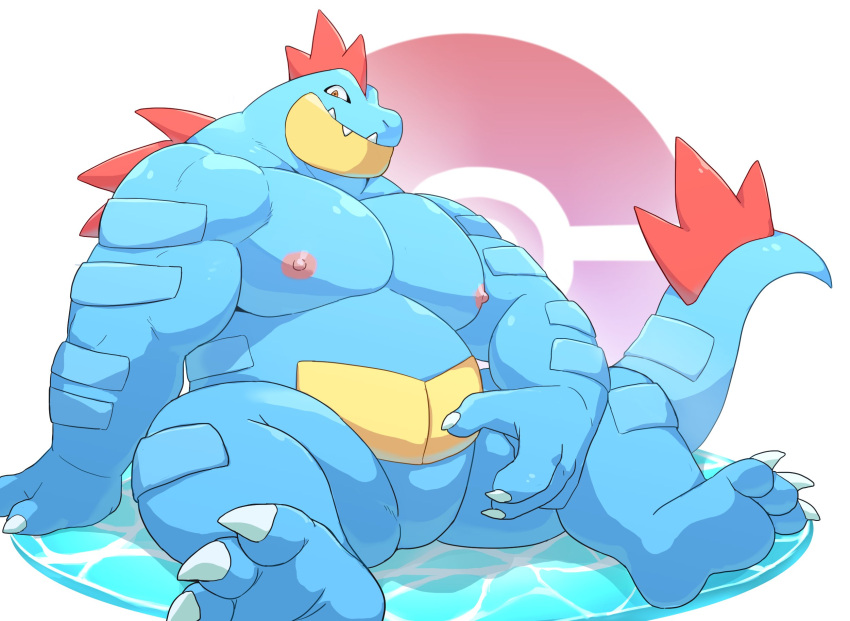 2021 anthro biceps blue_body claws feraligatr hi_res male musclegut muscular muscular_anthro muscular_male nintendo nipples nude o-ro pecs pok&eacute;mon pok&eacute;mon_(species) solo video_games water