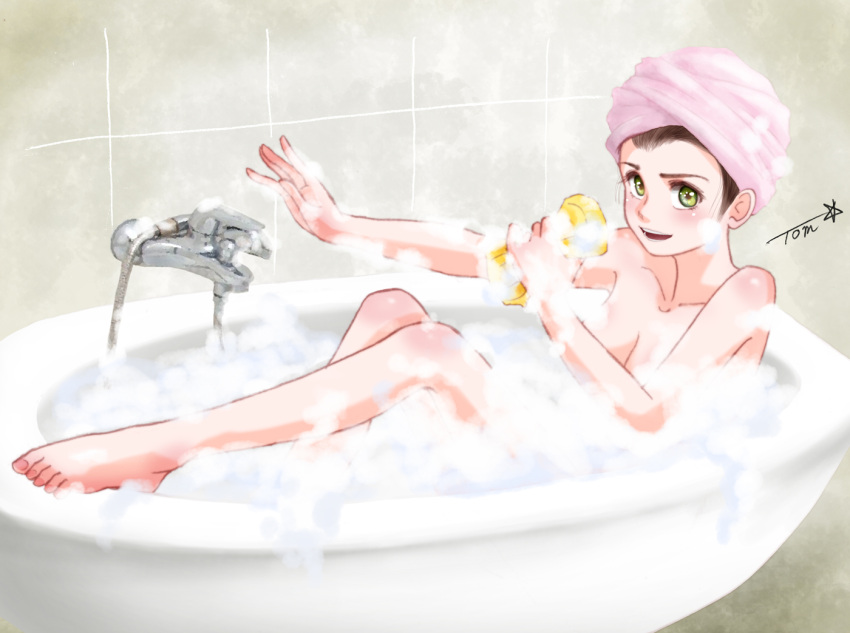 1girl bath bathing bathtub blush breasts breasts_day brown_hair bubble bubble_bath chutohampa cleavage green_eyes open_mouth original signature smile solo towel towel_on_head